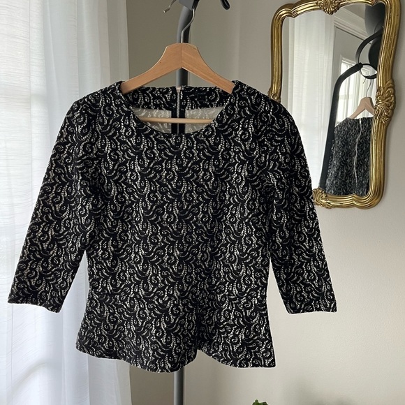 J. Crew Women’s Black Lace Overlay‎ Peplum 3/4 Sleeve Top - Size S - Picture 3 of 7